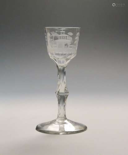 A chinoiserie wine glass c.1780, the ogee bowl engraved with a Chinese figure holding a parasol in a