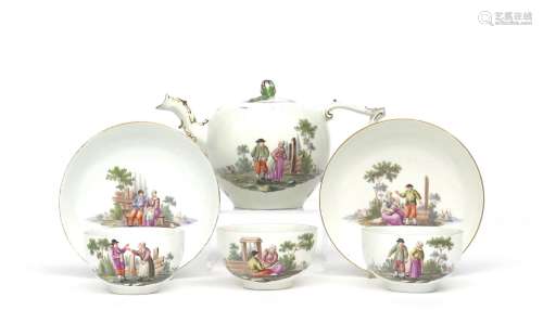A Meissen part tea service mid 18th century, painted with pastoral scenes of peasant families at