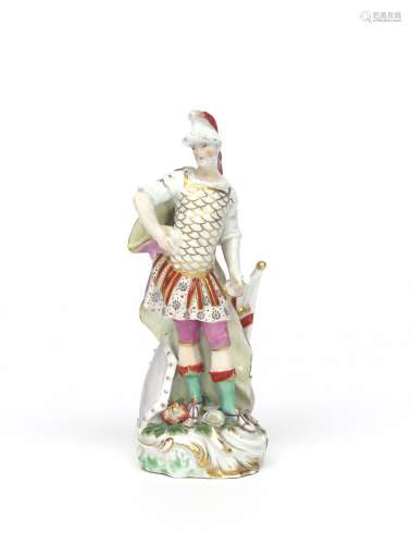 A Chelsea figure of Mars c.1760-65, dressed as a Roman centurion, standing with his hand on one hip,