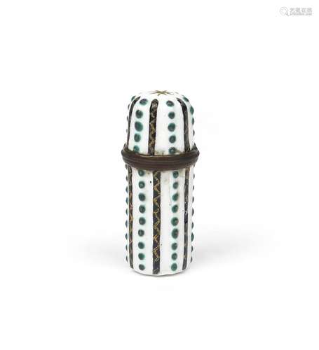 A Staffordshire enamel scent bottle case c.1770, the sides moulded and applied with vertical stripes