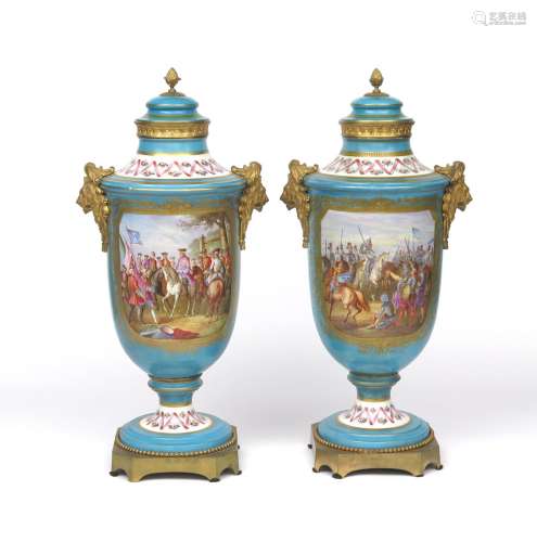 A massive pair of Sèvres-style ormolu-mounted vases 19th century, boldly decorated with battle