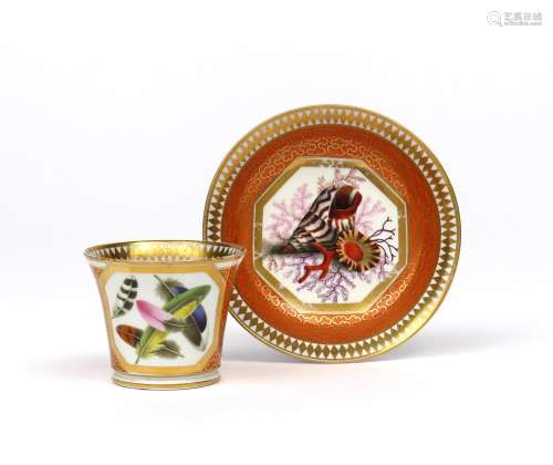 A Chamberlain Worcester tea cup and saucer c.1805, the cup finely painted with colourful feathers,