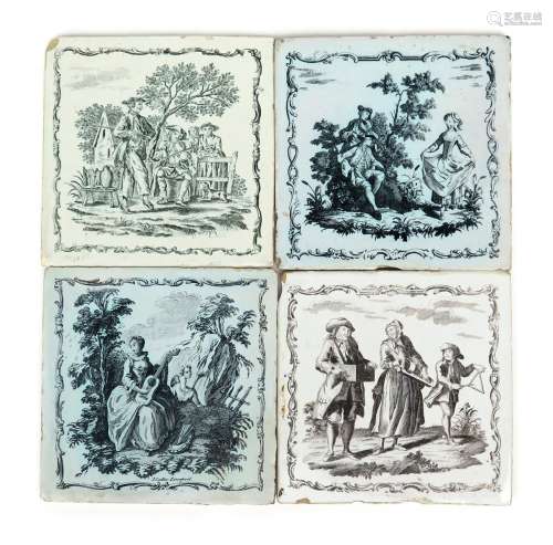 Four Liverpool delftware tiles c.1757-61, of theatrical and musical interest, printed by John
