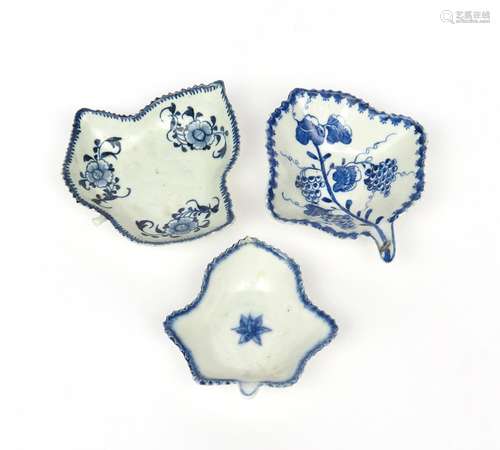 Three English porcelain blue and white pickle leaf dishes c.1770-80, of vine leaf shape, one