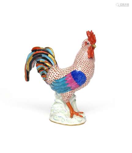 A large Herend model of a cockerel modern, standing with his right foot forward, with a plumed