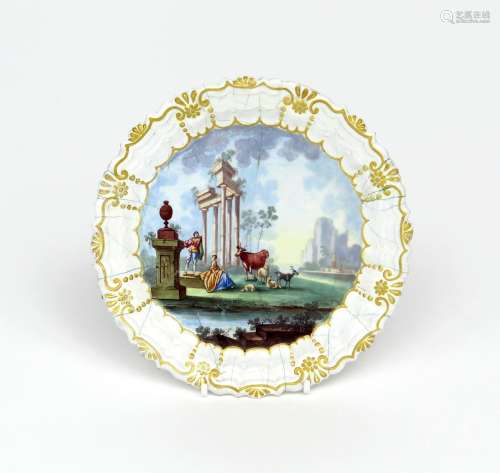 An English enamel small plate c.1770, painted with a musician playing the flute to a lady seated