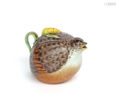 A Russian porcelain teapot and cover 19th century, Gardner manufactory, modelled as a quail with