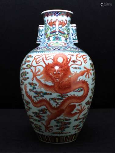 Large Chinese Qing Porcelain DouCai Dragon Vase