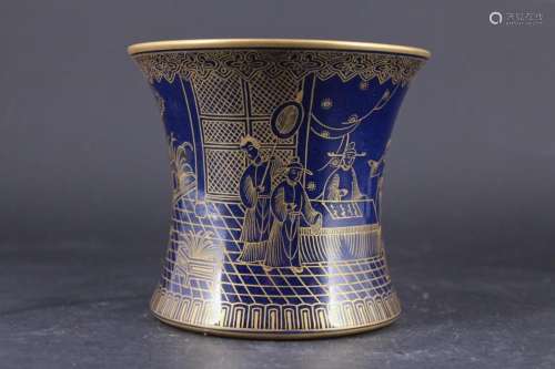 Chinese Qing Porcelain Blue&Gold Brush Pot