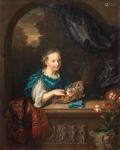 A girl with a basket of flowers beside a carved stone window ledge Circle of Arnold Boonen(Dordrecht 1669-1729 Amsterdam)