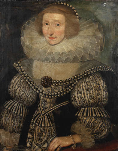 Portrait of a lady, half-length, in a black and white embroidered dress, embellished with pearls and a ruff collar Attributed to Gilbert Jackson(active England 1621-1642)