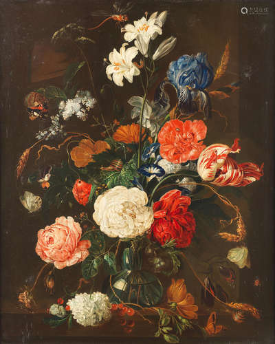 An iris, a parrot tulip, roses and other flowers in a glass vase in a niche Manner of Abraham Mignon19th Century