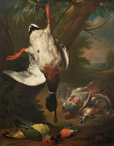 A still life  of a dead hare, two kingfishers and two further birds by a hunter's shoulder bag in an extensive landscape; and A dead mallard, partridge, woodpecker, bullfinch and goldfinch in an extensive landscape  (2) Circle of Pieter Casteels III(Antwerp 1684-1749 Richmond)