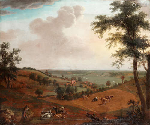 A drover with his herd in a hilly landscape, before a country house unframed Attributed to Charles Catton the Elder R.A.(Norwich 1728-1798 London)