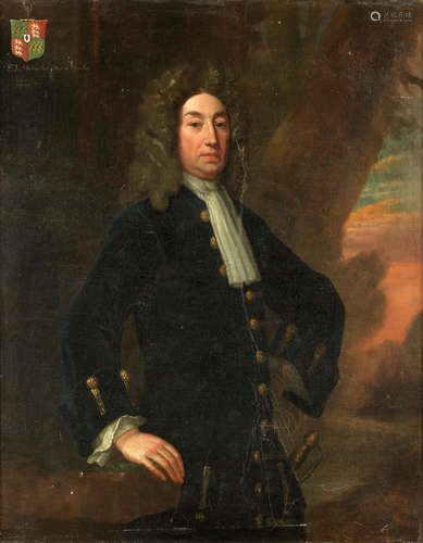 Portrait of Sir John Wynn, 5th Bt., three-quarter-length, in black costume, standing in a landscape English School18th Century