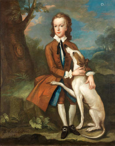 Portrait of a young child with a lamb, standing full-length before a landscape; and Portrait of a boy in brown with a dog,  (2) Moses Vanderbank(London circa 1695-circa 1745)