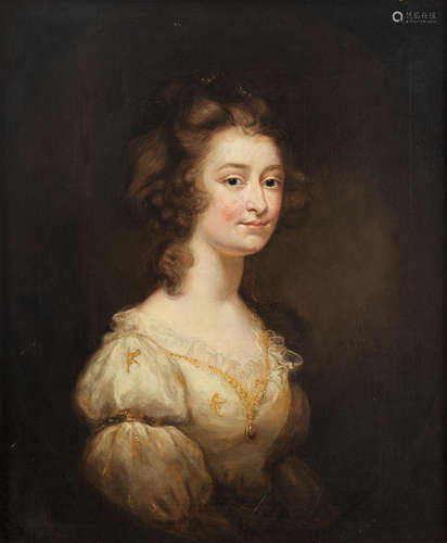 Portrait of a lady, traditionally identified as Marie Dolignon, later Mrs Philip Dauncey, bust-length, in a white and gold dress, within a painted oval Circle of Daniel Gardner(Kendal circa 1750-1805 London)