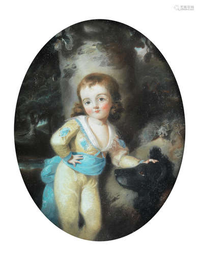 Portrait of Sir Hugh Owen, three-quarter-length, in yellow and blue costume, in a landscape with his Newfoundland dog Sir Thomas Lawrence P.R.A.(Bristol 1769-1830 London)