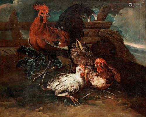 Cockerels and a hen in a landscape Circle of Angelo Maria Crivelli, called il Crivellone(active Milan, died 1760)