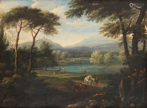 An extensive river landscape with a man and his mules on a country path Paolo Anesi(Rome circa 1700-circa 1761)