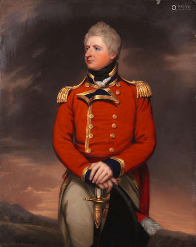 Portrait of Lt.-Col. Hon. Francis Wheler Hood, three-quarter-length, in a red coat, standing before a landscape Henry Bone R.A.(Truro 1755-1834 London)