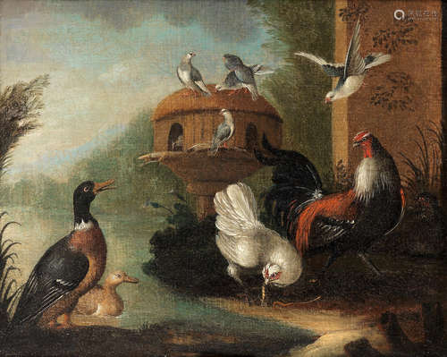 A cockerel, a hen, ducks and doves around a dovecote in a river landscape Circle of Marmaduke Craddock(Somerton circa 1660-circa 1716)