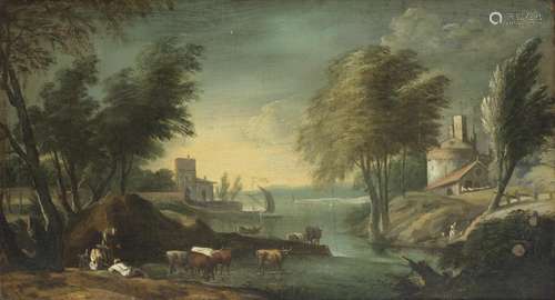 An extensive river landscape with drovers watering their cattle in the foreground  Veneto School18th Century