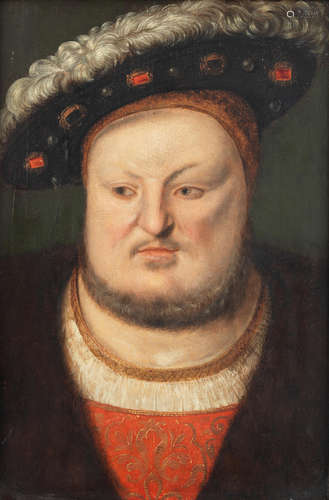 Portrait of Henry VIII, bust-length, in a red tunic embroidered with gold, a fur-trimmed cloak and a fur-trimmed jewel-encrusted hat English Schoolcirca 1600