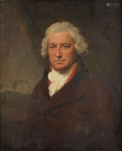 Portrait of Bryan Edwards, half-length, in a brown coat, seated before a green curtain, a view to a Caribbean landscape beyond Lemuel Francis Abbott(Leicestershire circa 1760-1803 London)