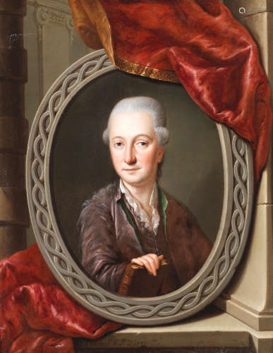 Portrait of a gentleman, half-length, holding a book, within a painted oval stone frame Jacobus Aureus Matthias Thoma(active Germany, born 1732-1782)