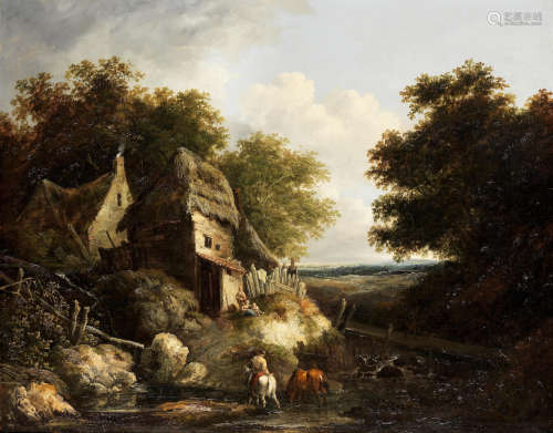 Figures by a cottage, a man on a horse crossing a brook Benjamin Barker of Bath(1776-1838 Tolness)