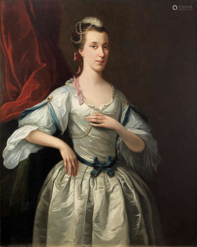 Portrait of Anne, Countess of Albemarle, three-quarter-length, in a white dress, before a red curtain Circle of Sir Nathaniel Dance Holland, Bt.(London 1734-1811 Winchester)