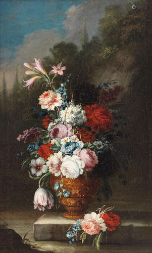 Tulips, roses, poppies and other flowers in a terracotta vase, in a landscape; and  (2) Circle of Gasparo Lopez(Naples 1650-1732 Florence)