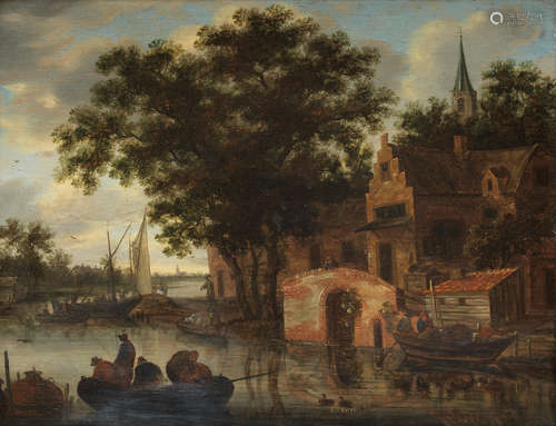 A riverside town with figures in a ferry Pieter Cosyn(Rijswijk 1630-1667 The Hague)