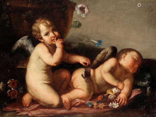 A putto holding a crab beside a sleeping putto Roman Schoolearly 18th Century