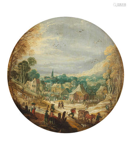 A winter landscape with travellers passing through a village; and A landscape with travellers on a path, a village beyond 21.5cm (8 7/16in). diameter (2) Studio of Joos de Momper the Younger(Antwerp 1564-1635)