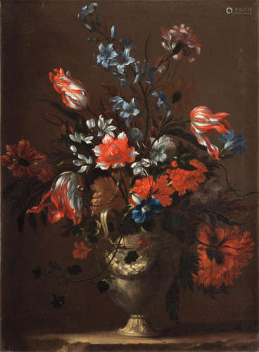 Tulips, chrysanthemums, convolvulus and other flowers in an urn on a stone ledge Attributed to Bartolomeo Ligozzi(born Verona, active Florence circa 1620)