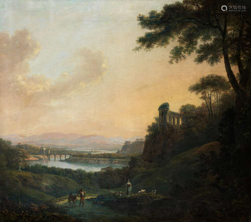 Figures before a river in a hilly landscape Irish School18th Century