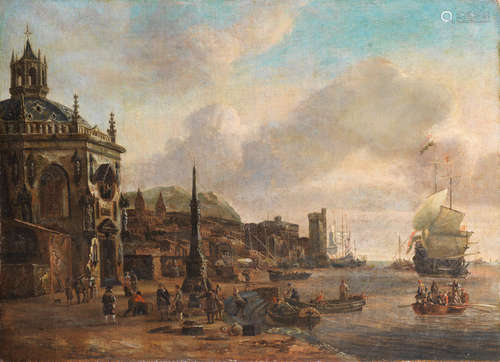 A harbour with figures loading barges in the foreground, Johannes Sturckenburgh(Wesel 1603-circa 1663)