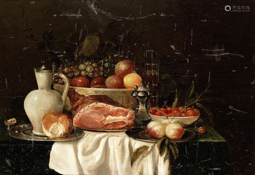 A still life with fruit, ham, pewter plates, a wine glass and a stone jug  upon a draped table Dutch School18th Century