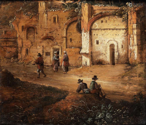 Travellers resting by ruins Attributed to Tobias Verhaecht(Antwerp 1561-1631)