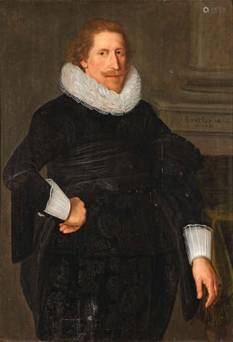 Portrait of a gentleman, three-quarter-length, in black damask costume with a white lace collar, standing before a column Circle of Jan Anthonisz. van Ravesteyn(The Hague circa 1570-1657)