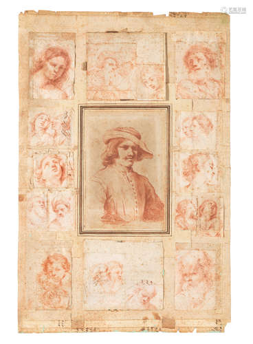 Portrait of Guercino, bust-length surrounded by 16 drawings of varying subjects central drawing 22.7 x 15.1cm. (9 x 6in.) (17) laid onto a larger sheet, overall size  60.2 x 40cm (23 11/16 x 15 3/4in). Attributed to Cesare Gennari(Cento 1637-1688 Bologna)