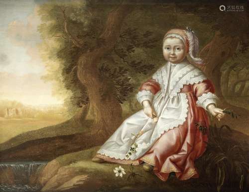 Portrait of a child, full-length, holding flowers, seated in a landscape Dutch School17th Century