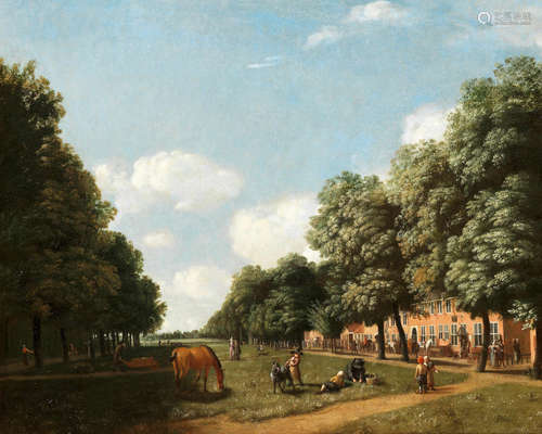 Figures by a row of houses, a horse in the foreground Follower of Isaac Ouwater(Amsterdam 1748-1793)