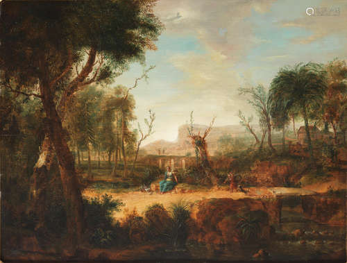 A woman seated with a basket of flowers with a child playing with a dog, in a wooded landscape German School18th Century