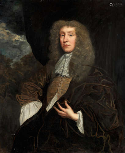 Portrait of a gentleman, probably William Collins, half-length, in a fawn coat, lace stock and brown cloak Circle of John Greenhill(Salisbury 1644-1676 London)