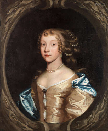 Portrait of a young lady, bust-length, in a gold and blue dress, within a stone cartouche Circle of John Greenhill(Salisbury 1640-1676 London)