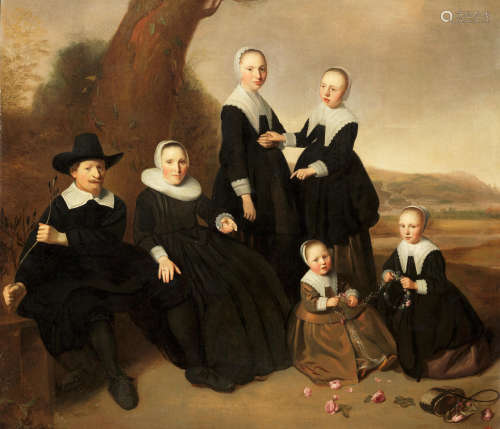 A group portrait of a gentleman and his wife, seated full-lengths, with their four daughters, in black costume, the youngest two seated making garlands of flowers, in a landscape Dirck Dircksz. van Santvoort(Amsterdam 1610-1680)