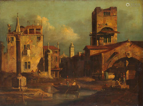 An architectural capriccio with figures at a well Manner of Bernardo Bellotto19th Century